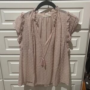 Ulla Johnson Blush Pink Swiss Dot Tassel V-Neck Blouse